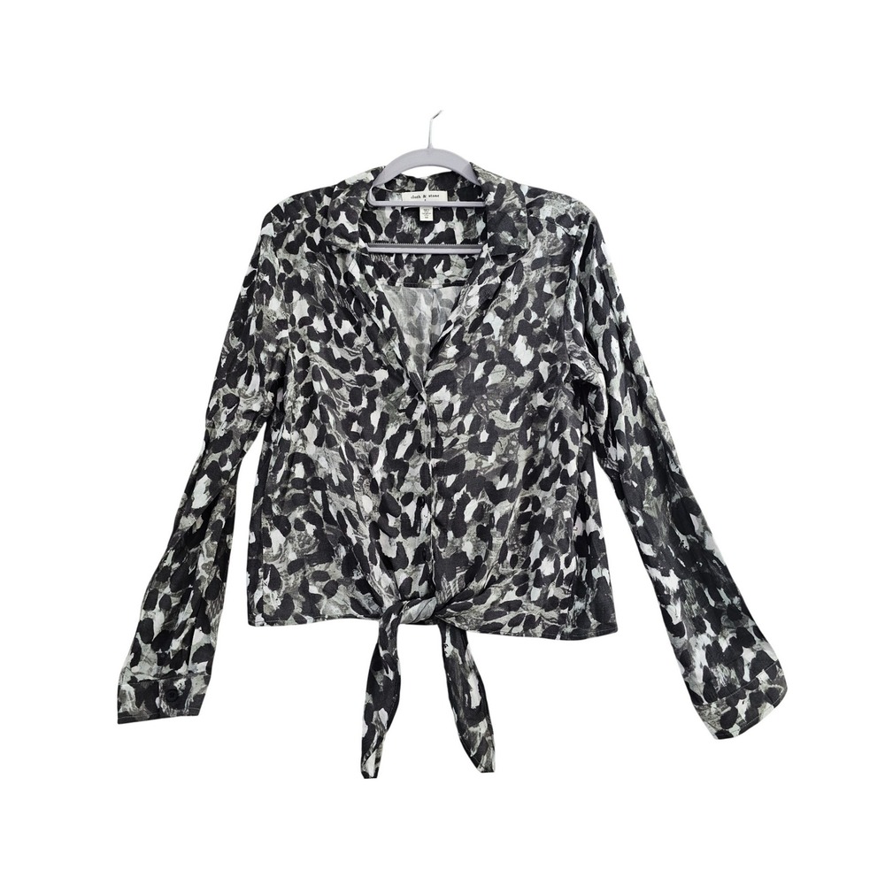 Cloth & Stone Anthropologie Button Down Women XS Grey Leopard Tie Front Blouse